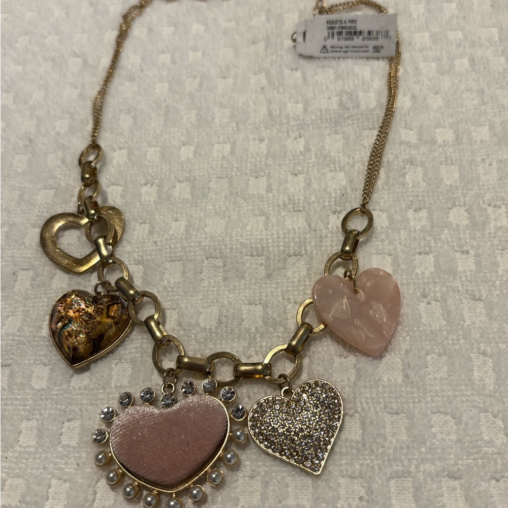 Gold Tone and Pink Heart Charm Necklace